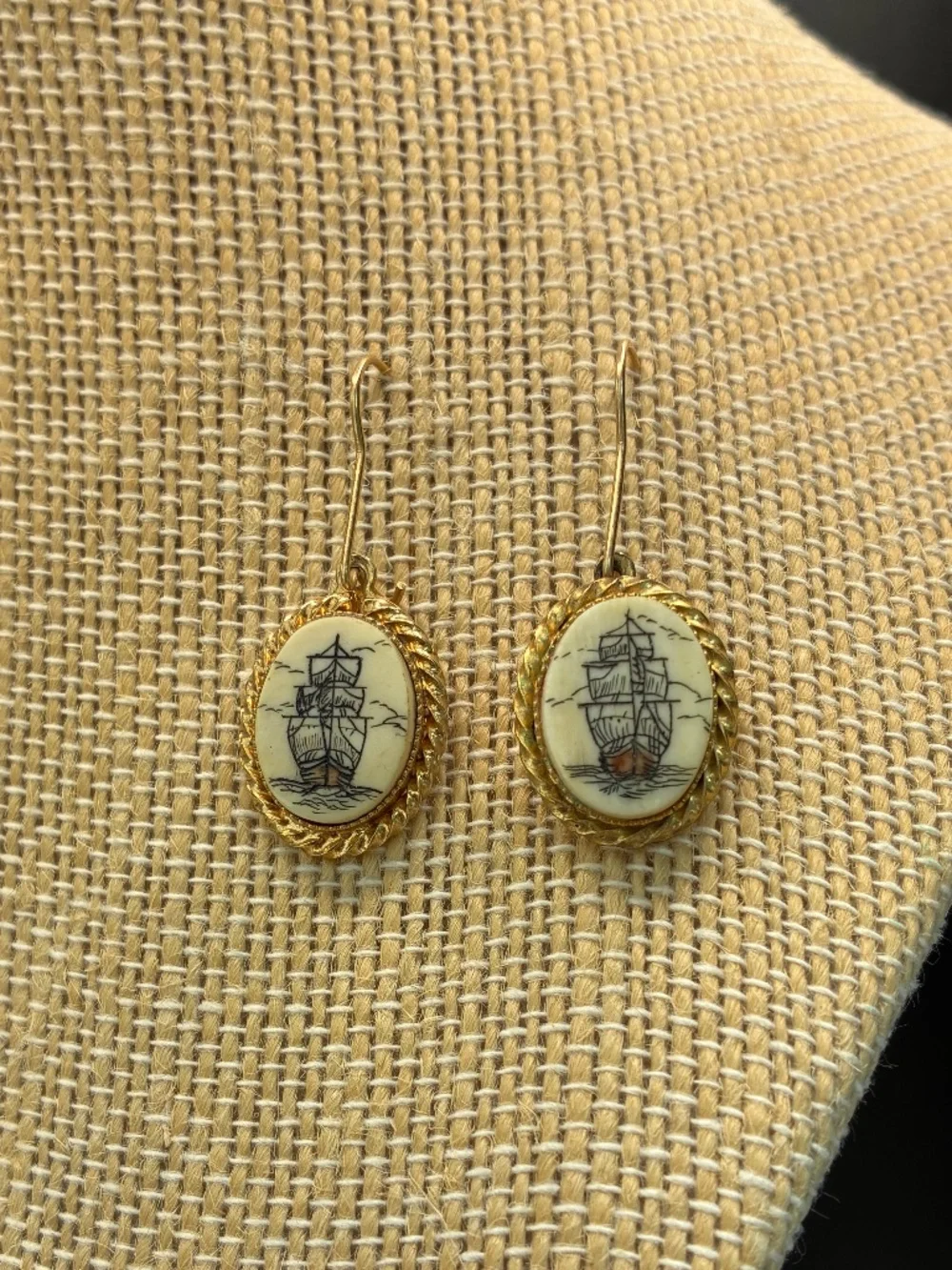 Vintage Gold-Tone Scrimshaw Nautical Ship Dangle Earrings